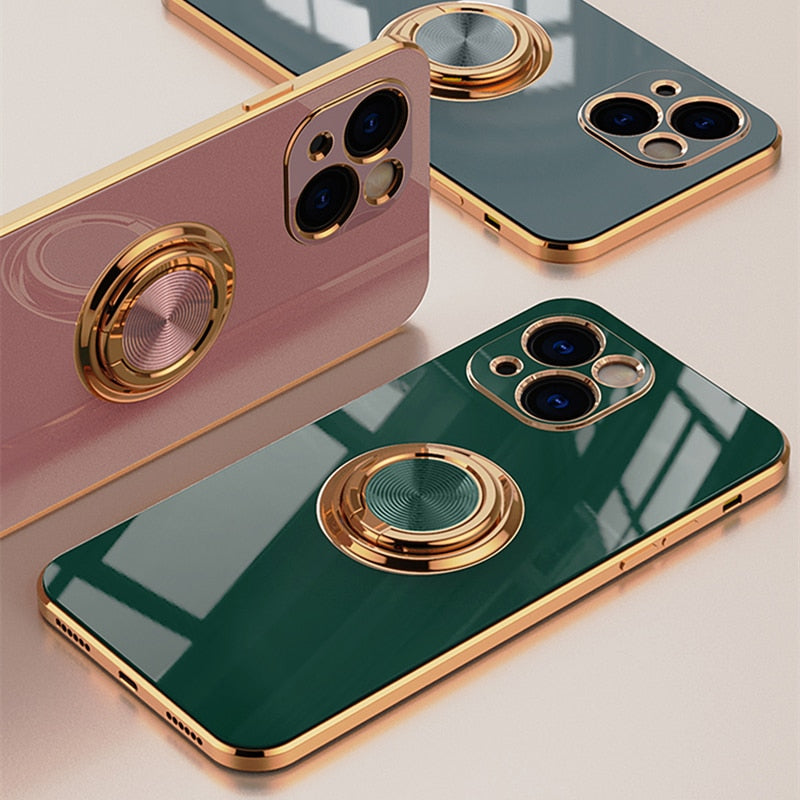 Luxury Silicone Case For iPhone with Metal Ring Holder Stand